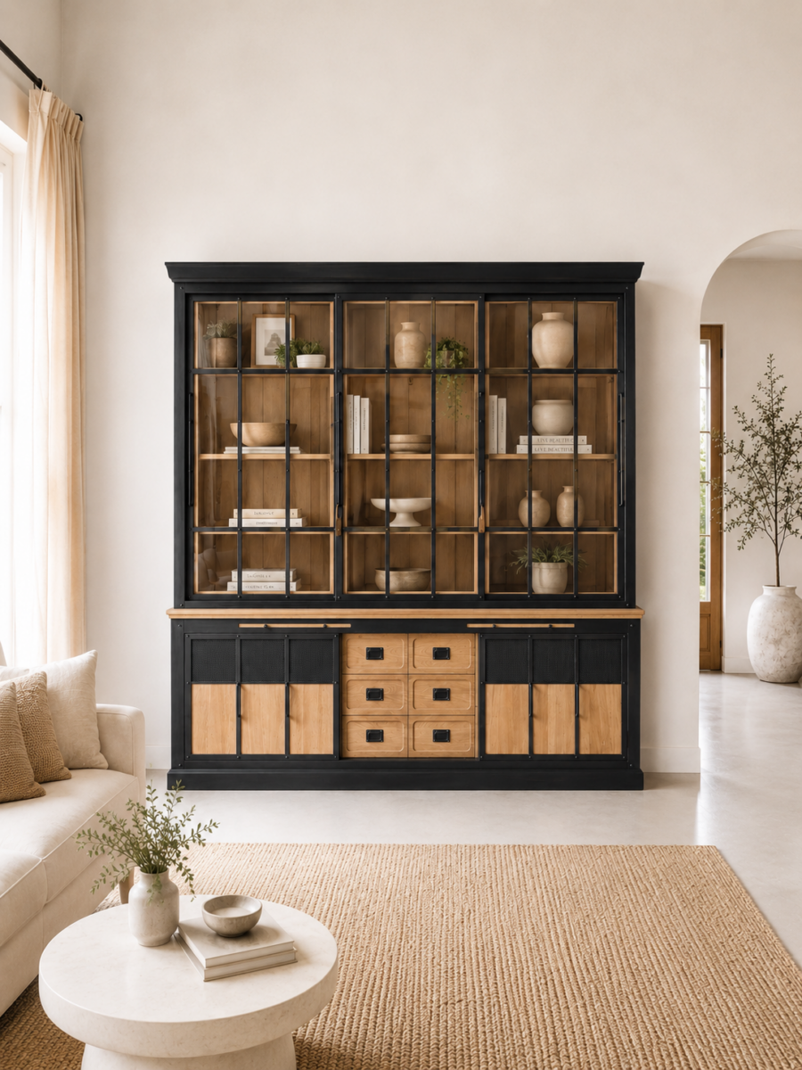 Bibliothèque industrielle bois et métal en chêne | 6 portes